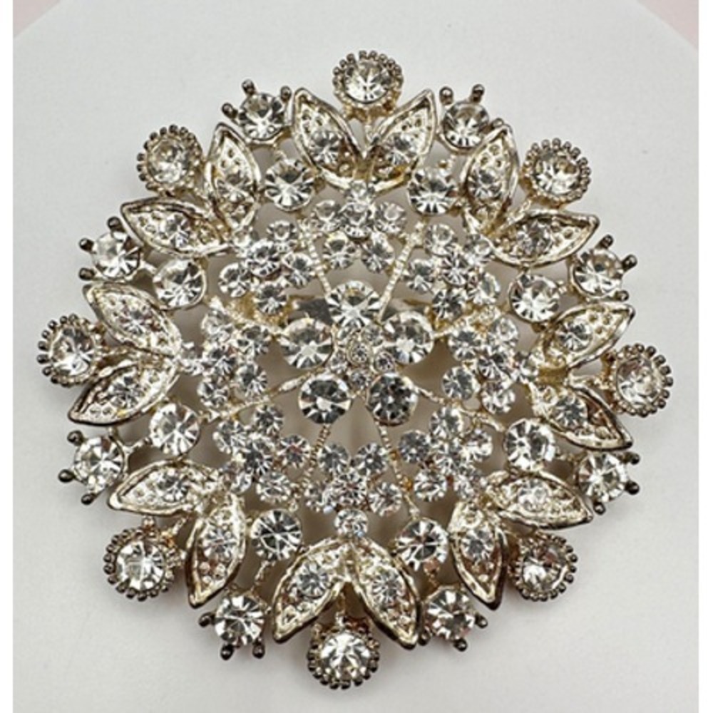 Vintage 80s Clear Glass Starburst Floral Brooch Silver Tone Statement